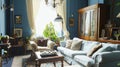 Eclectic home interior in classic blue color. Ai Generative