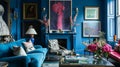 Eclectic home interior in classic blue color. Ai Generative