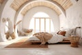 Eclectic interior design of modern bedroom with arched wooden ceiling. Created with generative AI Royalty Free Stock Photo