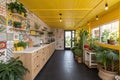 Eclectic kitchen interior with yellow ceiling, black floor and a mix of plants, textures and cheerful tones Royalty Free Stock Photo