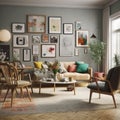 Eclectic Living Room with Vintage and Modern Furniture and Gallery Wall Mockup