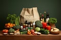 Eclectic mix cascading into a paper sack, diverse groceries blend