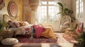 Eclectic patterns, vibrant textiles, and layered textures come together. Generative Ai