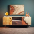 Eclectic Tv Stand With Marble Background And Expressive Color Contrasts