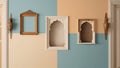 Eclectic Wall Display with Frames, Mirrors, and Arches in Pastel Tones Royalty Free Stock Photo