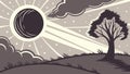 Eclipse with Lone Tree Silhouette, vector design Generative AI Royalty Free Stock Photo