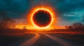 An eclipse is visible in the sky over a field at sunset, with a path leading off into the distance under cloudy horizon Royalty Free Stock Photo