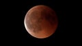 Full eclipsed moon in orange color, black sky, bright left sid