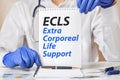 Doctor holding a tablet with text: ECLS. ECLS Extra Corporeal Life Support, medical concept