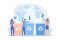 Eco activists sorting garbage. Waste segregation. Disposable system. Ecological responsibility. Trash containers, Royalty Free Stock Photo