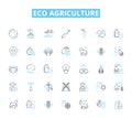 Eco agriculture linear icons set. Sustainability, Organic, Regenerative, Permaculture, Biodynamic, Composting