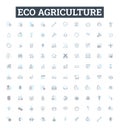 Eco agriculture vector line icons set. Organic, Sustainable, Renewable, Biodynamic, Landscaping, Regenerative