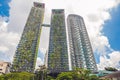 Eco architecture. Green skyscraper building with plants growing on the facade. Ecology and green living in city, urban environment