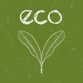 Eco badge with leaves for organic, natural, bio and eco friendly products on green shabby background.