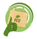 Eco bag. Reusable handbag. Fabric sack. Green approve hand. Supermarket shopping package. Ecology friendly. Recycling