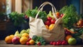 Eco bag for shopping with fresh organic fruits and vegetables Royalty Free Stock Photo