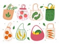 Eco bags. Different food savings string package, organic products shopping, green local market, fruit and vegetables