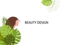 Eco and beauty card template. Profile of a girl with brown hairs and tropical plants.