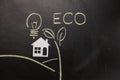 Eco, bio, energy-saving concept. Paper white house, drawing leaves and light bulb on black background with copy space. Royalty Free Stock Photo