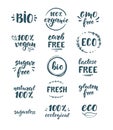 Eco, bio and organic products. Sagar, GMO, gluten and lactose free. Handwritten lettering. A set of stamps or stickers