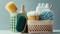 Eco brushes, sponges and rag in cleaning basket.. Generate Ai