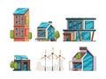 Eco buildings. Energy smart solar panels on houses modern buildings and windmills garish vector flat illustrations Royalty Free Stock Photo