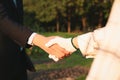 Eco-businessman handshake with farmer, eco-friendly farming. Gyre Royalty Free Stock Photo