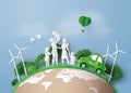 Concept of Environmentally friendly with eco car and family.