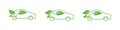 Eco car vector icon set. Green car template collection. Ecological transport concept. Green car with leaves icon set. Safe world.