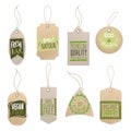 Eco cardboard labels. Paper craft shop product tag with sticker printing green design and rope, isolated vector set Royalty Free Stock Photo