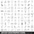 100 eco catastrophic icons set, outline style