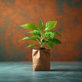 Eco chic Small green plant in a paper bag, sustainability concept