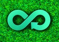 Green grass meadow metal arrow infinity recycling symbol, 3D illustration Royalty Free Stock Photo