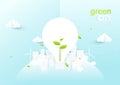 Eco city concept. Light bulbs with sapling in green ecology city