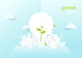 Eco city concept. Light bulbs with sapling in green ecology city. Paper art and origami style design