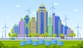 Eco city concept. Smart city landscape, urban modern cityscape, eco friendly skyscrapers with alternative energy sources