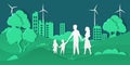 Eco city and family. Paper cut smart city with green energy ecosystem and happy family, friendly ecology concept. Vector