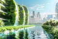 Eco-City of the Future: Green Energy, Vertical Gardens, and Clean Water Channels. Concept Green