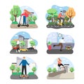 Eco city transport set flat vector illustration. People roller skating, skateboarding, riding bicycle, electric scooters