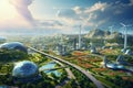 Eco city with wind turbines and green meadows. 3D rendering, Aerial view of a sustainable city with solar panels, wind turbines,