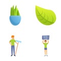 Eco concept icons set cartoon vector. Man with eco sign and rake near green leaf