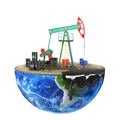 Eco-concept. Oil pump on a cut planet isolated on a white background. The concept of natural resource extraction.