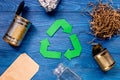 Eco concept with recycling symbol on blue table background top view Royalty Free Stock Photo