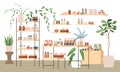 Eco cosmetic store interior with organic natural beauty products. Inside zero waste green shop with shelves, showcase