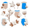 Eco cotton label design and flower set. Soft white plants for production of organic fabric. Cartoon eco friendly and