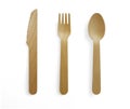 Disposable wooden cutlery set on white background. Biodegradable utensils, fork, spoon and knife. Parties, events, barbecues, Royalty Free Stock Photo