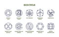 Eco cycle icons with ecology and recycle arrows outline collection set