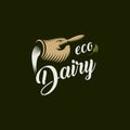 Eco dairy vector logo template. Milk product engraving emblem. Milk flows from a jug.