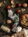 Eco decor. Easter eggs boiled in onions peels. Spring festive easter autentic background Royalty Free Stock Photo