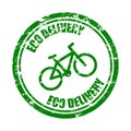 Eco delivery by bicycle, green rubber stamp texture